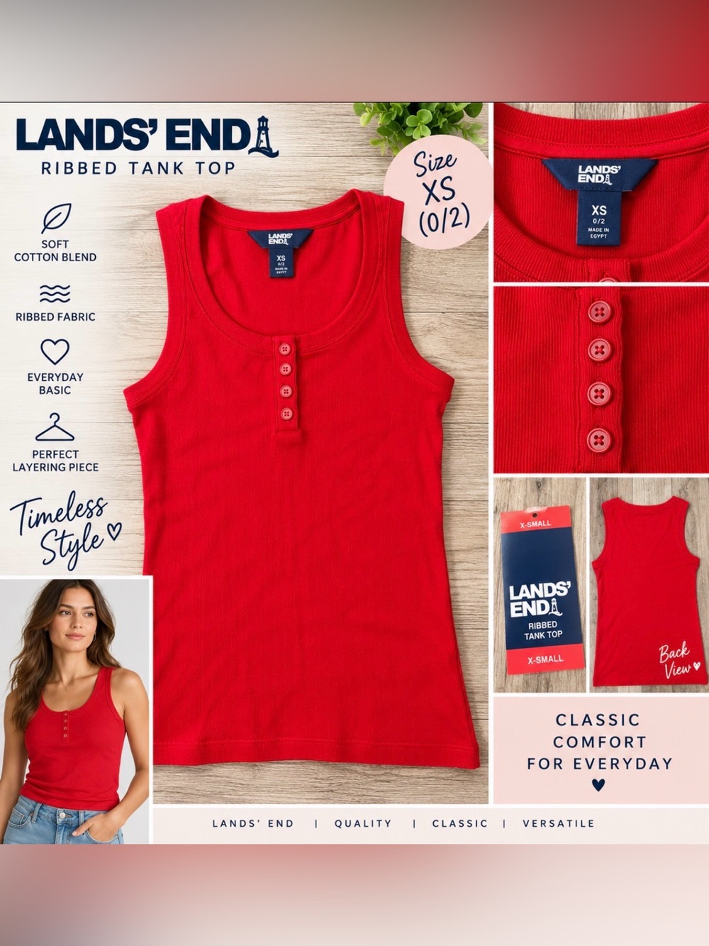 Lands’ End Women’s Red Ribbed Tank Top XS 0/2 NWT